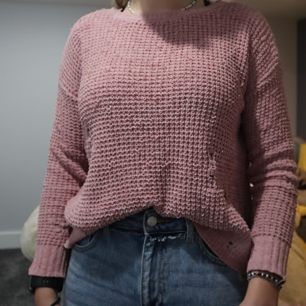 chenille pink american eagle distressed sweater